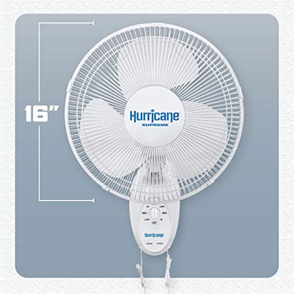 Hurricane 16" Supreme Oscillating Wall Mount Fan w/ 3 Quiet Speeds, White - Corded Electric Air Cooling Unit w/ Easy Pull Cord Controls for Homes, Greenhouses, Garages, Workshops & Gyms - style: 16" Supreme