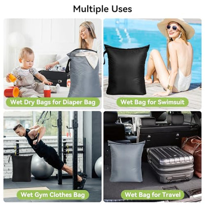 OTraki 2PCS Large Wet Bag 20x24 inch Waterproof Bag for Swimsuit Reusable Wet Dry Bag With Portable Handle Wet Clothes Storage Gym Bag for Beach Pool Drying do not exceed 176℉ Black & Grey - size: 20 x 24 inch
