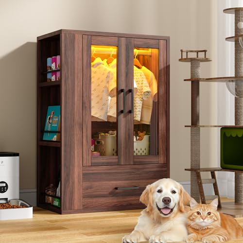 kepptory Pet Wardrobe Closet with LED Light, Side Storage Shelves & Drawer, Walnut Pet Clothes Organizer Cabinet with Hanging Rod, Multi-Functional Pet Closet for Dogs & Cats Clothing, Toys | Walnut Pet Clothes Organizer Cabinet with Hanging Rod, Multi-Fu