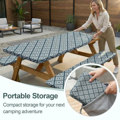 Play Tailor Picnic Table Cover with Bench Covers Camping Essentials Waterproof Windproof Camping Tablecloth with Drawstring Bag, Fitted Rectangle Tables and Seats, 72in, Blue Green Plaid - color: Blue Green Plaid, size: 72in
