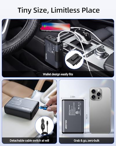 BESTEK 150W Car Power Inverter 11V-17V for Tesla Truck RV, 30W USB C PD 18W USB A Charger, 12V DC to 110V AC Converter with Detachable Cigarette Lighter Cable, 10-Layer Protection, ETL Certified - color: Gray
