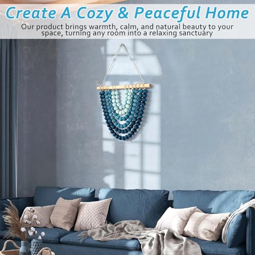Boho Chic Wooden Bead Garland Wall Hanging Tapestry, Handcrafted Home Décor Inspired by Nature, Suitable for Living Room, Bedroom, Entryway, Nursery, Apartment & Dorm (Coastal Breeze Ombre, 12 inches)