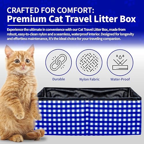 Pet Fit For Life - Vibrant Collapsible Travel Cat Litter Box - Portable, Foldable, Compact Design with Bonus Water Bowl - Ideal for Car & Camping - Reusable, Cats Safe - Blue, (16"x12"x5") - color: Blue