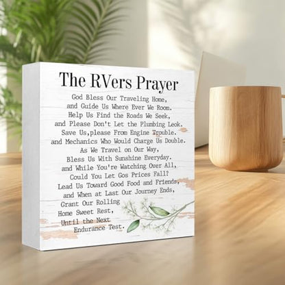 LVQHI Inspirational RVers Prayer Wooden Block Sign, Spiritual Camper Decor For Motorhome & Van Life, Sentimental Travel Blessing Plaque, New RV Gift 5"L x 5"W x 1.2"H