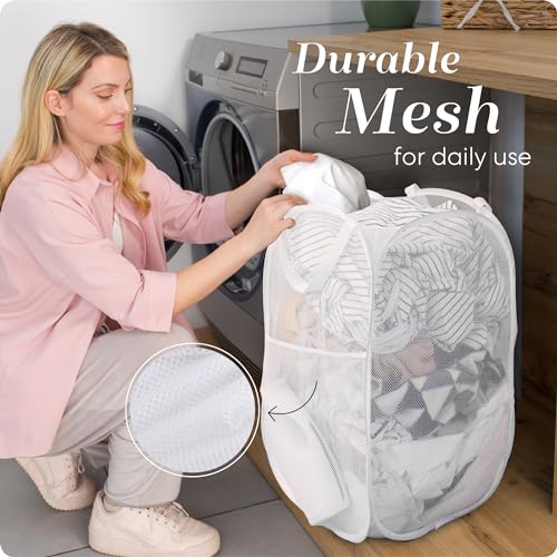 Pop Up Hamper, Collapsible Mesh Laundry Basket - Handy Laundry 71L Foldable Clothes Hamper with Reinforced Handles, Wide Opening and Side Pocket for Dorm, Travel, Cruise, Bedroom (White) - color: White