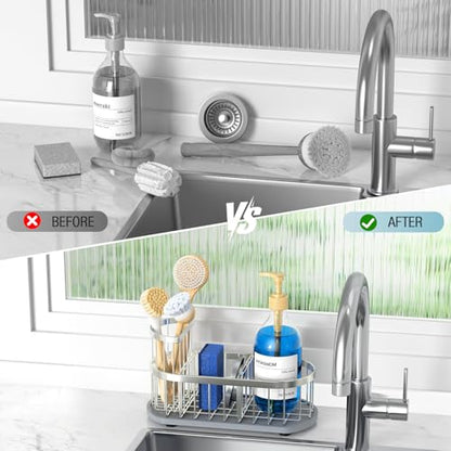 Sponge Holder for Kitchen Sink with High Brush Holder, [Stay-Dry Anywhere & No Drainage Needed] Rustproof Stainless Steel Kitchen Sink Caddy Organizer with Water Absorbing Stone Tray, Silver - color: Silver