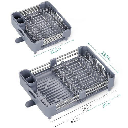 TOOLF Dish Drying Rack for Kitchen Counter, Extendable Dish Rack with Drainboard, Expandable Dish Drainer, Collapsible Dish Strainer with Cutlery Holder, Foldable Countertop Plate Rack, Light Gray - color: Light Gray