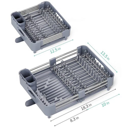 TOOLF Dish Drying Rack for Kitchen Counter, Extendable Dish Rack with Drainboard, Expandable Dish Drainer, Collapsible Dish Strainer with Cutlery Holder, Foldable Countertop Plate Rack, Light Gray - color: Light Gray