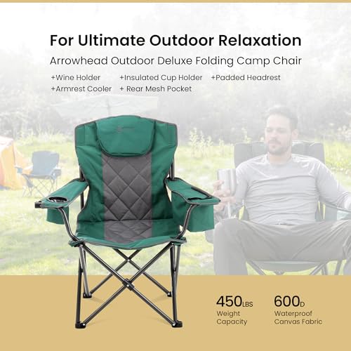 ARROWHEAD OUTDOOR 2-Pack Portable Deluxe Folding Camp Quad Chair w/Headrest, Glass & Cup Holders, Armest 6-can Cooler, Heavy Duty Carry Bag, 550 lbs Weight Capacity - color: Green 2pack