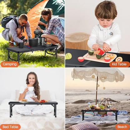 FUNYKICH 3ft Low Folding Camping Table with Carry Bag, 34.2'' Lx15.7'' W Portable Picnic Tables, Lightweight Thicker Aluminum Beach Table with Carry Handle for Beach, Camping, Picnic, Black - color: Black
