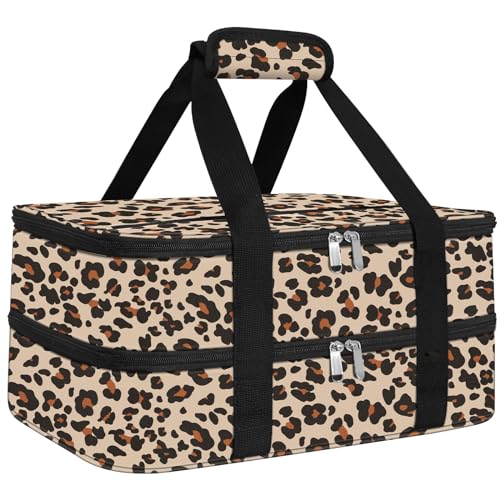 esouler Double Insulated Casserole Carrier Bag Hot & Cold Food Carrier Bag Lasagna Holder Lunch Bag for Picnics, Parties, Travel, Fits 9 x 13 Inches Casserole Dish-Leopard - color: Leopard, size: 16x10x7.2 in