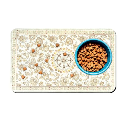 Dog Food Mats for Floors Vintage Boho Floral Waterproof Mat for Cat Food and Water Bowls - Beige Absorbent Quick Dry Non Slip Mat for Pet Feeding - color: Boho Flowers, size: 32"L x 24"W