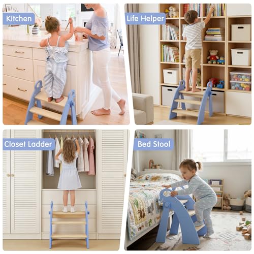 Wooden 3 Step Stool for Kids Bathroom Sink Foldable Anti-Slip, Child Stepping Stool for Bedroom - color: Blue Ele