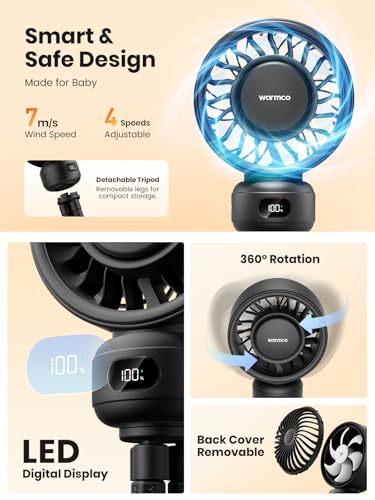 Warmco Portable Stroller Fan, 4000mAh Rechargeable Clip On Fan with Flexible Tripod (Up to 15H), 4 Speeds, LED Display, Detachable Grille, Quiet Operation, for Car Seat, Crib & Treadmill - color: Black