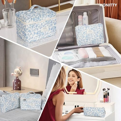 Makeup Bag,Quilted Cosmetic Bag,Large Floral Make Up Bag for Women,Cotton Makeup Bag Set,Flower Travel Toiletry Bag - color: Blue-White