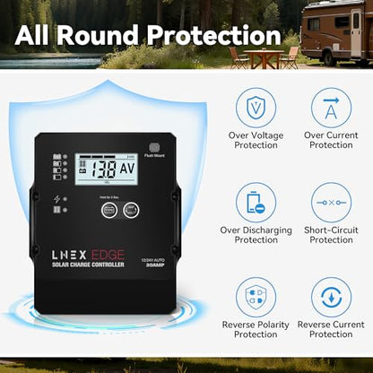 LNEX Solar Charge Controller with Flush Mount Design, 6 Stage Charging with LCD Display 12V/24V Auto PWM Controller 30A for LiFePO4, AGM, Gel, Flooded and Lithium Battery - style: 30A Flush Mount