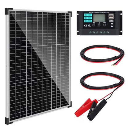 Solar Panel Kit 50W with 10A Charge Controller Monocrystalline Solar Panel Kit with Extension Cable for Car Roof RV Marine Rooftop Farm Battery and Other Off-Grid Applications