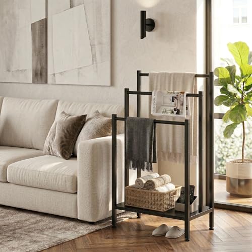 Freestanding Towel Rack, 3 Tier Metal Standing Towel Rack with Wooden Shelf, Blanket Holder and Bath Towel Drying Rack for Bathroom, Black - color: Black