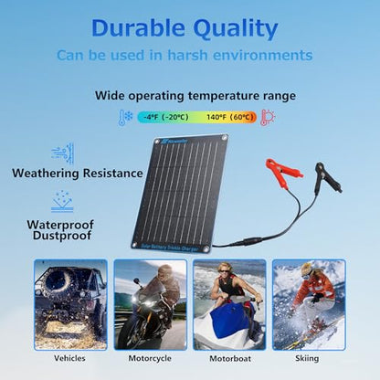 Nicesolar 10W 12V Solar Panel Car Battery Trickle Charger & Maintainer with Cigarette Lighter Plug & Alligator Clip for Car Automotive Motorcycle Boat Marine Snowmobile Watercraft RV