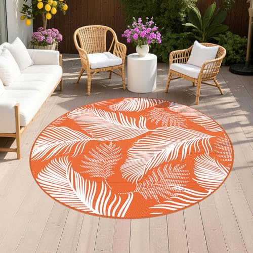 Pauwer Waterproof Outdoor Rug 6ft, Reversible Plastic Straw Patio Camping Rug, Indoor Outdoor RV Mat Carpet for Deck, Camper, Porch, Balcony, Backyard, Picnic, Leaf Orange - color: Leaf Orange, size: 6' (Round)