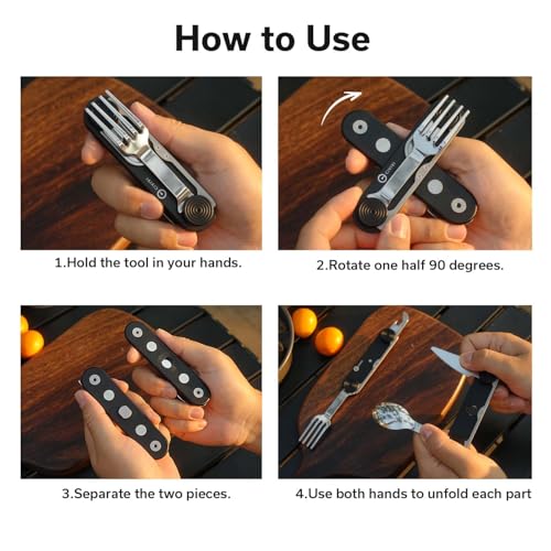 CIVIVI Partake 4-in-1 Camping Utensil, Detachable Stainless Steel Folding Knife, Fork, Spoon & Bottle Opener Multi-Tool, with Waxed Canvas Pouch for Travel Camping Hiking C24032C-1, Black - color: Black