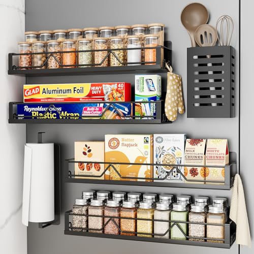 Mystozer 16.9 Inch Wide Large Capacity Magnetic Spice Rack for Refrigerator,6 Pack Metal Fridge Shelf Spice Rack Organizer Refrigerator Organizer Kitchen Spice Organizer Spice Storage(Black) - color: Matt Black, size: 6 Pack - Wide