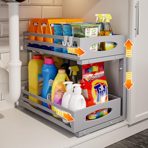 Under Sink Organizer, 2 Tier Under Sink Organizers and Storage, Adjustable Height, Slide out Metal Cabinet Organizers, Pull out Cabinet Storage Drawer Shelf for Kitchen Bathroom (Gray, 1 Pack) - color: Gray