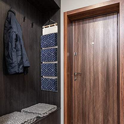 CROWNED 2Pcs Over Door Hanging Storage Bags Wall Mount Closet Organizer, 4 Big Pockets Linen Cotton Fabric Multi Functional Living Room Bedroom Bathroom File Magazine Waterproof Free Hooks Navy - color: Navy