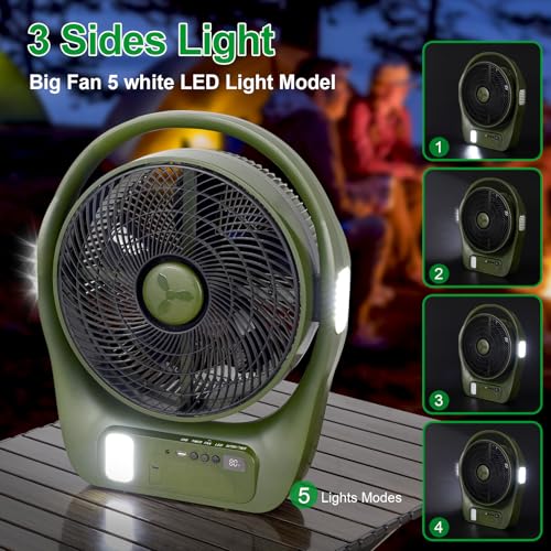 45000mAh Large Battery Operated Camping Fan with 3 Way Lights | 11-inch High Velocity Rechargeable, Cordless Floor Fan with Display, Remote & Timer, Hurricane, Grage, BBQ