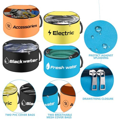 BOYISEN RV Hose Storage Bags 4 Pack - Waterproof RV Sewer Hose Storage, RV Utility Bag Organizer, RV Hose Bag for Electrical Cords, Fresh/Black Water Hoses and RV Accessories (Zipper Closures) - style: Two-Way Zipper Closures and Visible Cover