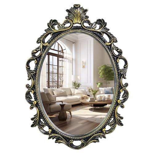 SIMON'S SHOP Black Oval Wall Mirror, Gothic Scroll Frame 16.5 × 23.5 in | Vintage-style black framed mirror with ornate scroll design for entryway, bedroom, bathroom, living room walls - color: Black - 16.5 X 23.5 in, size: 23.5"L x 16.5"W