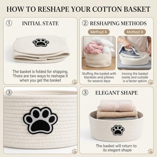 Woven Basket,Dog Toys Basket with Handle,Cute Cotton Gift Baskets Empty for Puppy Leash,Blanket Food, Accessories Pet and Household Storing - color: White