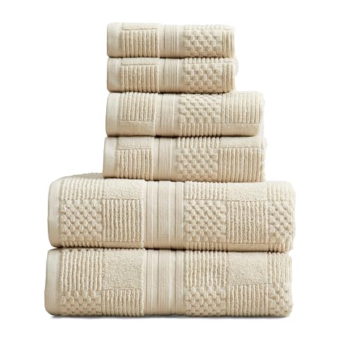 Springtree Home 100% Cotton Bathroom Towel Set | 6 Piece Set - Beige Towels | Geometric Textured Design | Absorbent & Quick-Dry | Oeko-TEX® Standard 100 Cotton | Myla Collection - Sandshell - color: Sandshell, size: 6 Piece Set