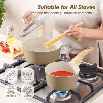 SENSARTE 1.5 & 2.5 Quart Ceramic Sauce Pan Sets with Lid, Cooking Pots Set, Nonstick Saucepan Set with Pour Spout, Small Kitchen Pot, Non toxic Saucepot, Induction Comptable, PFOA PTFE PFAS Free - color: Ceramic Taupe, size: 1.5 + 2.5 Quarts