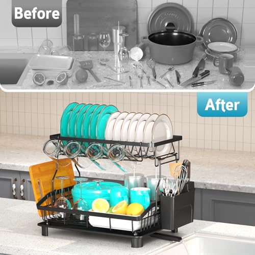 Dish Drying Rack - 2 Tier Large Capacity Dish Rack- Dish Racks for Kitchen Counter with Drainboard, Rustproof Dish Drainer with Removable Utensil Holder,Cutting Board Holder,Cup Holder, Black - color: 2 Tier-black