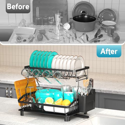 Dish Drying Rack - 2 Tier Large Capacity Dish Rack- Dish Racks for Kitchen Counter with Drainboard, Rustproof Dish Drainer with Removable Utensil Holder,Cutting Board Holder,Cup Holder, Black - color: 2 Tier-black