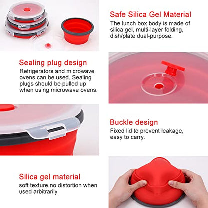 Guyuyii 4 Pack Food-Grade Silicone Collapsible Bowls with Lids for Camping | BPA-Free Round Nesting Set for RV Travel, Hiking, and Outdoor Recreation Activities | Microwave, Freezer, Dishware Safe - color: red