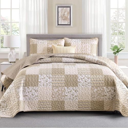 Mybedsoul Beige Boho Quilt Set Twin Size, 3 Pieces Plaid Floral Bedspread Set Patchwork Reversible Bedding Set Microfiber Bedding Bedspread Coverlet Set for All Season 68"×86" - color: Beige, size: Twin