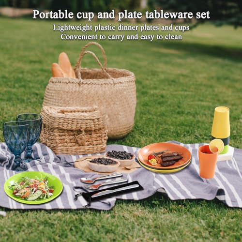 Evanda Camping Cutlery Set, Reusable Light Weight Mug, Plate and Stainless Steel Cutlery Set with Black Bag, Dishwasher Safe - color: 3.4 Person