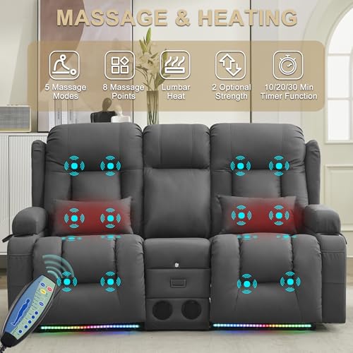 URRED Power Loveseat Recliner Sofa with Massage and Heat, Wall Hugger Reclining Loveseat with Console, RV Couch Home Theater Seating with LED Lights for Living Room (Gray, 67" - 2 Seats) - color: Grey, size: 67" - 2 Seats