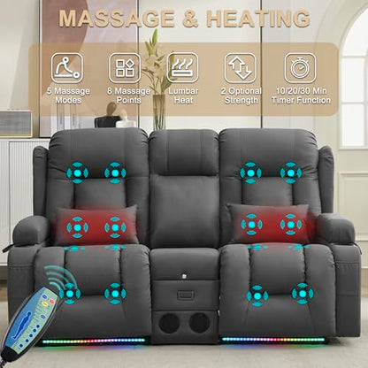 URRED Power Loveseat Recliner Sofa with Massage and Heat, Wall Hugger Reclining Loveseat with Console, RV Couch Home Theater Seating with LED Lights for Living Room (Gray, 67" - 2 Seats) - color: Grey, size: 67" - 2 Seats