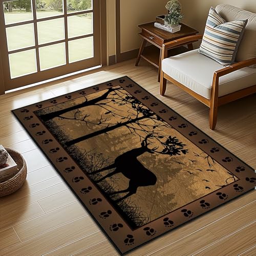 Cabin Rustic Area Rug 3x5 Vintage Rugs for Bedroom,Deer Country Wildlife,Ultra-Thin Washable Throw Carpet Indoor Door Mat Non Slip Accent Floor Carpets for Bedside,Entryway,Living Room,Office,Brown - color: Brown Black, size: 3'x5'
