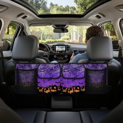 Hanging Organizer for Car Trunk Halloween Prints Collapsible Auto Back Seat Storage Bag with 2 Pockets 2 Mesh Pouches Detachable Automotive Interior Accessories - color: Halloween Prints