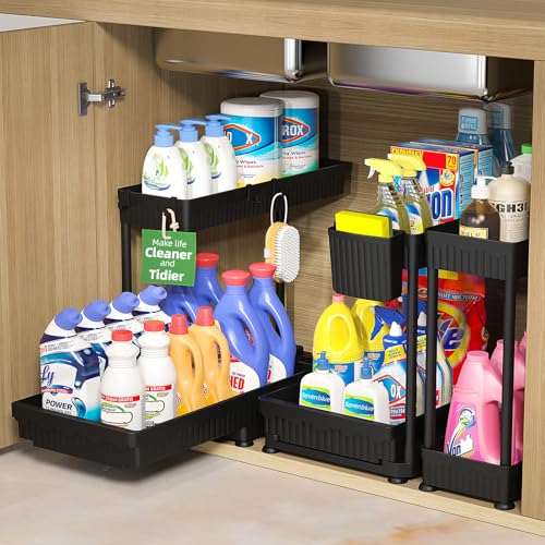 Sevenblue 3 Pack Multi-Purpose Pull-Out Storage Organizers, 2-Tier L-Shaped Under Sink/Cabinet Organizers and Storage for Bathroom & Kitchen, (Black, 12.85 Inches) - color: Black, size: 12.85 Inch