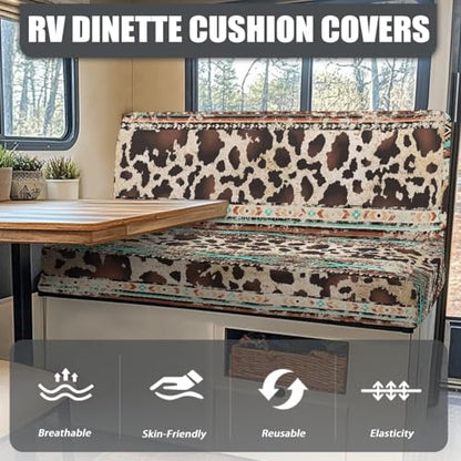 Rv Dinette Cushion Covers - Aztec Brown Cow Print Lightweight Furniture Protector for Rv Camper Car Bench Cover - Rv Couch Cover Replacement for Rv Camper - color: Aztec Brown Cow Print