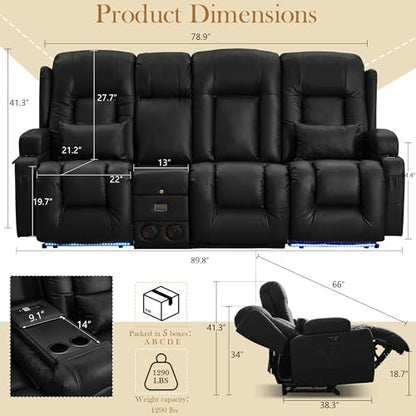 TUNYI Power Loveseat Recliner Sofa with Massage & Heat Home Theater Seating with Console RV Recliner Loveseat Sofa with USB/Storage/Side Pocket/LED Light/Speaker (Black, 3 Seat with Console) - color: Black, size: 3 Seat with console