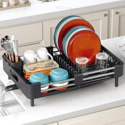 TOOLF Dish Drying Rack Expandable Drainer w/Cutlery & Cup Holder, Black | Stainless Steel &PP, Extenable 12.6" to 18.7"D, Anti-Rust, Auto-Drainage, Space-Saving, Fit for Various Sink Countertops - color: Black