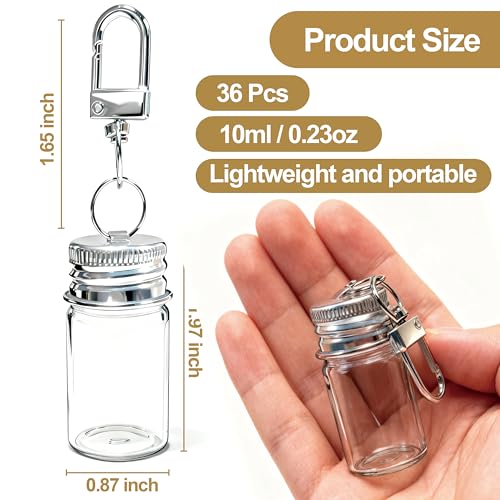 36 Pack 10ml Mini Glass Bottles with Aluminum Lids and Keychains, Tiny Wishing Jars for DIY Crafts, Wedding Favors, Home Decoration & Travel Gifts - size: 10ml-36Pcs