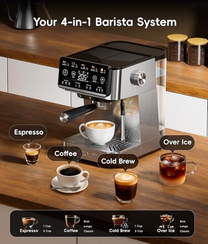 ecozy 4-in-1 Espresso Machine and Coffee Maker Combo with Milk Frother, All in One with Cold Brew & Over Ice, Interactive Touch Screen, Brezzano Elite Series for Cappuccinos, Lattes, Americanos - color: Silver