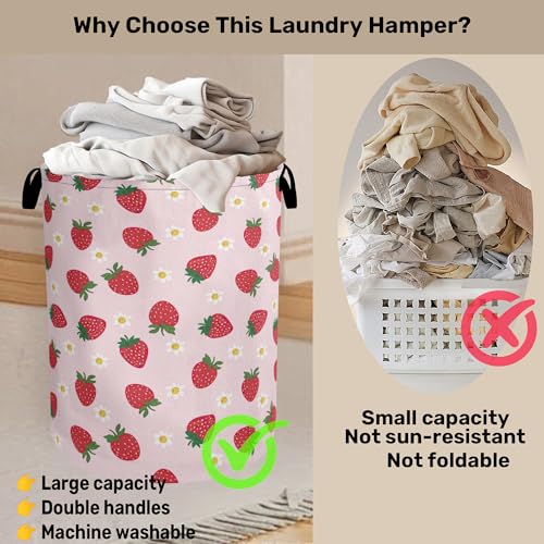 Cute Pink Strawberry Laundry Basket, Extra Large Foldable Hamper for Bathroom/Laundry/Bedroom/Dorm, Washable Fabric Storage Bin with Handle - color: Cute Pink Strawberry